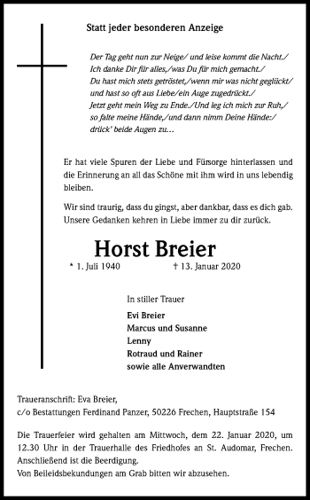 Anzeige von Horst Breier von Kölner Stadt-Anzeiger / Kölnische Rundschau / Express