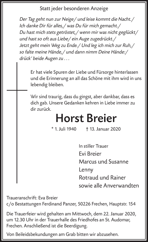  Traueranzeige für Horst Breier vom 18.01.2020 aus  Sonntags-Post 