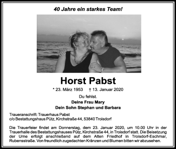 Anzeige von Horst Pabst von Kölner Stadt-Anzeiger / Kölnische Rundschau / Express
