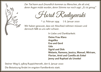 Anzeige von Horst Radigewski von  Rhein-Sieg-Wochenende 