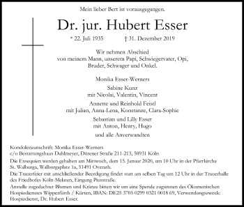 Anzeige von Hubert Esser von Kölner Stadt-Anzeiger / Kölnische Rundschau / Express