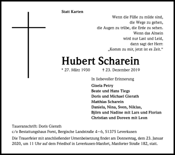 Anzeige von Hubert Scharein von Kölner Stadt-Anzeiger / Kölnische Rundschau / Express