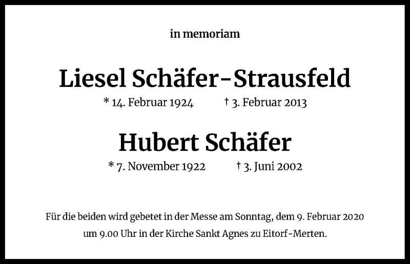  Traueranzeige für Hubert Schäfer vom 01.02.2020 aus Kölner Stadt-Anzeiger / Kölnische Rundschau / Express