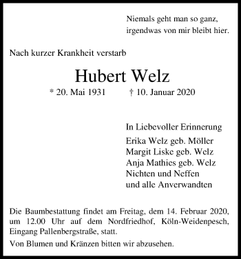 Anzeige von Hubert Welz von Kölner Stadt-Anzeiger / Kölnische Rundschau / Express