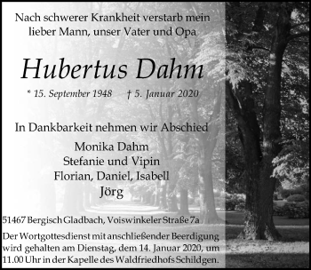 Anzeige von Hubertus Dahm von  Bergisches Sonntagsblatt 