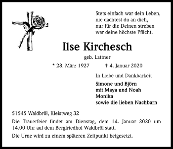 Anzeige von Ilse Kirchesch von Kölner Stadt-Anzeiger / Kölnische Rundschau / Express
