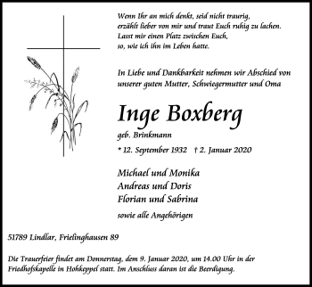 Anzeige von Inge Boxberg von Kölner Stadt-Anzeiger / Kölnische Rundschau / Express