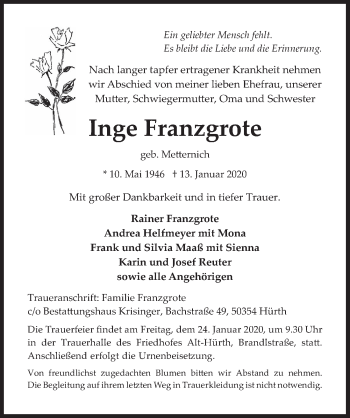 Anzeige von Inge Franzgrote von  Wochenende 