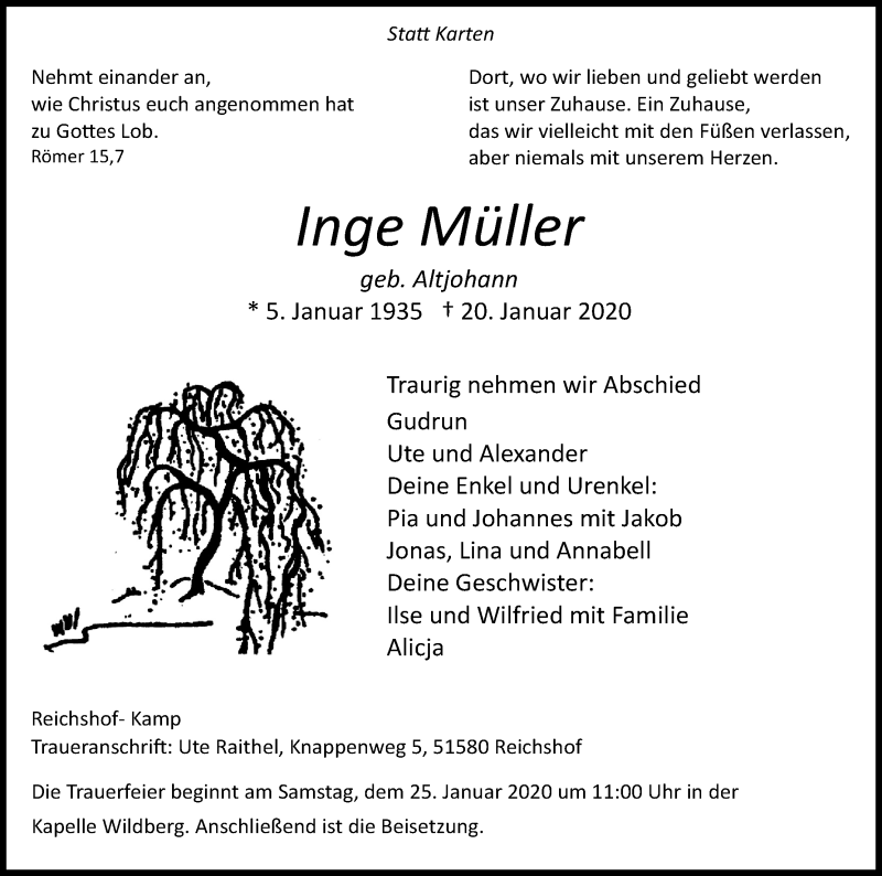  Traueranzeige für Inge Müller vom 22.01.2020 aus Kölner Stadt-Anzeiger / Kölnische Rundschau / Express