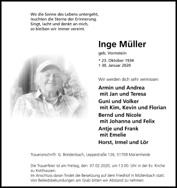Anzeige von Inge Müller von Kölner Stadt-Anzeiger / Kölnische Rundschau / Express