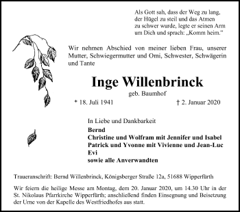 Anzeige von Inge Willenbrinck von Kölner Stadt-Anzeiger / Kölnische Rundschau / Express
