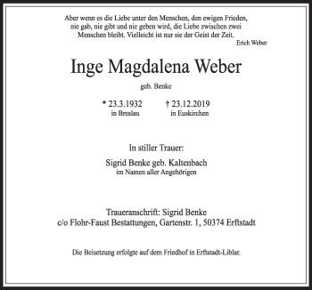 Anzeige von Inge Magdalena Weber von  Sonntags-Post 