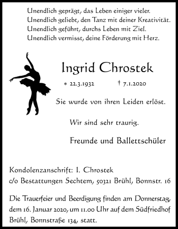 Anzeige von Ingrid Chrostek von Kölner Stadt-Anzeiger / Kölnische Rundschau / Express