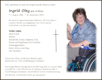 Anzeige von Ingrid Oley von  Bergisches Handelsblatt 