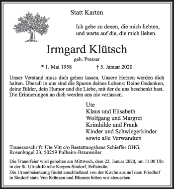 Anzeige von Irmgard Klütsch von  Sonntags-Post 