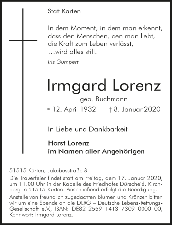 Anzeige von Irmgard Lorenz von  Bergisches Handelsblatt 