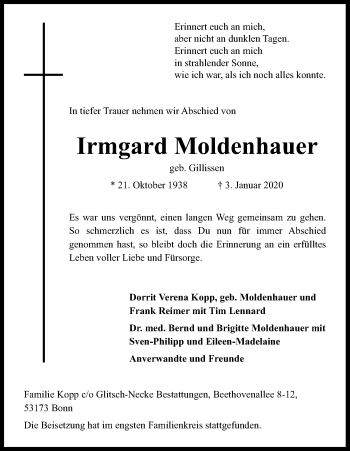 Anzeige von Irmgard Moldenhauer von Kölner Stadt-Anzeiger / Kölnische Rundschau / Express