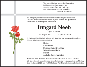 Anzeige von Irmgard Neeb von Kölner Stadt-Anzeiger / Kölnische Rundschau / Express