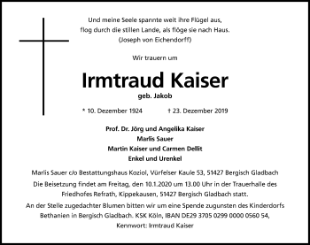 Anzeige von Irmtraud Kaiser von Kölner Stadt-Anzeiger / Kölnische Rundschau / Express