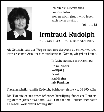 Anzeige von Irmtraud Rudolph von Kölner Stadt-Anzeiger / Kölnische Rundschau / Express