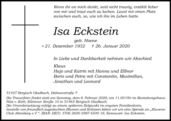 Anzeige von Isa Eckstein von Kölner Stadt-Anzeiger / Kölnische Rundschau / Express