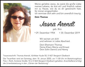 Anzeige von Jasna Arendt von  Bergisches Sonntagsblatt 