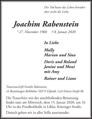 Anzeige von Joachim Rabenstein von  Sonntags-Post 