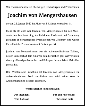 Anzeige von Joachim von Mengershausen von Kölner Stadt-Anzeiger / Kölnische Rundschau / Express