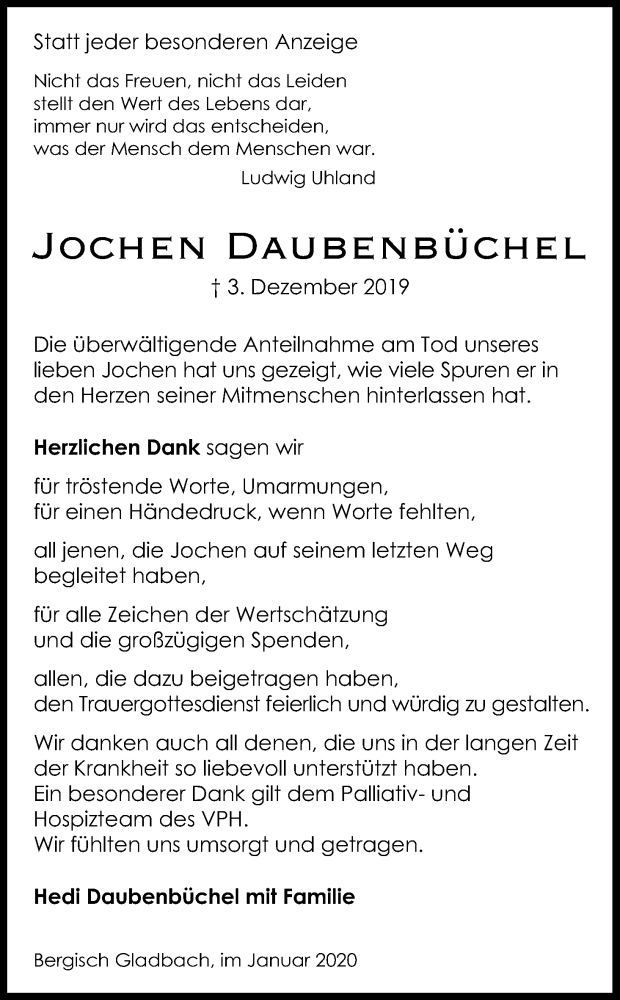  Traueranzeige für Jochen Daubenbüchel vom 18.01.2020 aus Kölner Stadt-Anzeiger / Kölnische Rundschau / Express