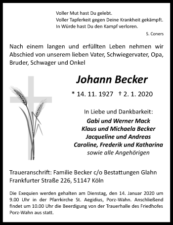 Anzeige von Johann Becker von  Kölner Wochenspiegel 