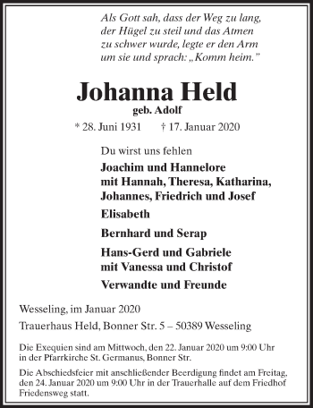 Anzeige von Johanna Held von  Schlossbote/Werbekurier 