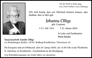 Anzeige von Johanna Olligs von Kölner Stadt-Anzeiger / Kölnische Rundschau / Express