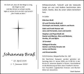 Anzeige von Johannes Braß von Kölner Stadt-Anzeiger / Kölnische Rundschau / Express