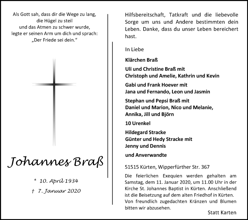  Traueranzeige für Johannes Braß vom 10.01.2020 aus Kölner Stadt-Anzeiger / Kölnische Rundschau / Express