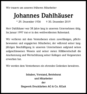 Anzeige von Johannes Dahlhäuser von Kölner Stadt-Anzeiger / Kölnische Rundschau / Express
