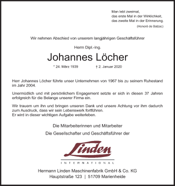 Anzeige von Johannes Löcher von Kölner Stadt-Anzeiger / Kölnische Rundschau / Express