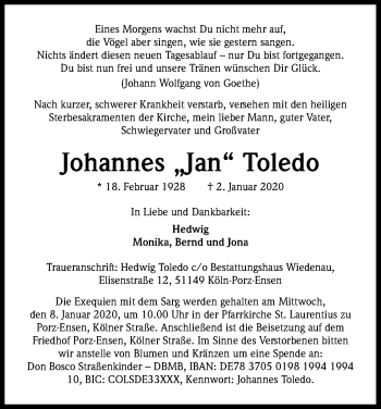 Anzeige von Johannes Toledo von Kölner Stadt-Anzeiger / Kölnische Rundschau / Express