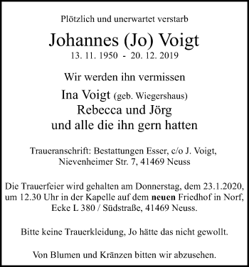 Anzeige von Johannes Voigt von Kölner Stadt-Anzeiger / Kölnische Rundschau / Express