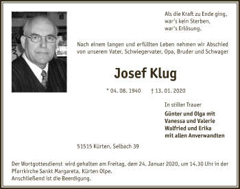 Anzeige von Josef Klug von  Bergisches Sonntagsblatt 