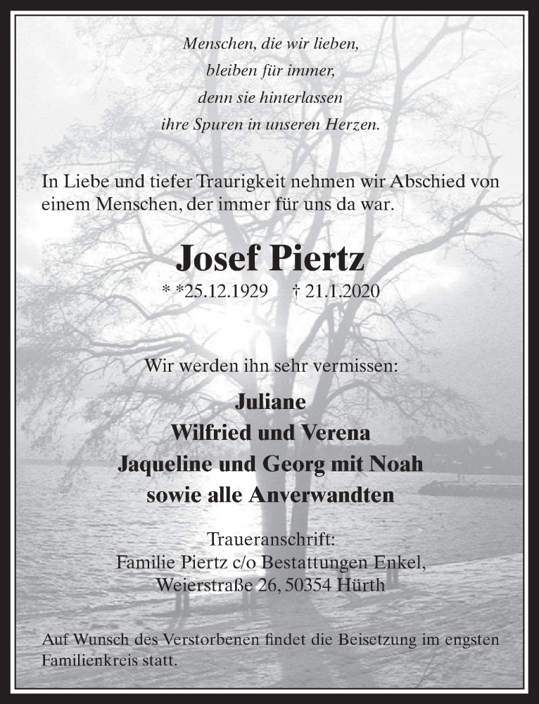  Traueranzeige für Josef Piertz vom 29.01.2020 aus  Wochenende 