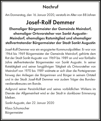 Anzeige von Josef-Rolf Demmer von  Extra Blatt 