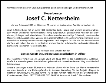 Anzeige von Josef C. Nettersheim von Kölner Stadt-Anzeiger / Kölnische Rundschau / Express