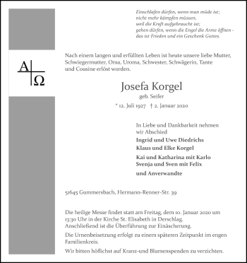 Anzeige von Josefa Korgel von Kölner Stadt-Anzeiger / Kölnische Rundschau / Express