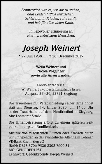 Anzeige von Joseph Weinert von Kölner Stadt-Anzeiger / Kölnische Rundschau / Express