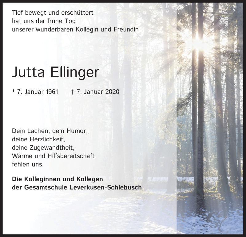  Traueranzeige für Jutta Ellinger vom 18.01.2020 aus Kölner Stadt-Anzeiger / Kölnische Rundschau / Express