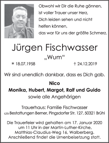 Anzeige von Jürgen Fischwasser von  Schlossbote/Werbekurier 