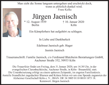Anzeige von Jürgen Jaenisch von Kölner Stadt-Anzeiger / Kölnische Rundschau / Express