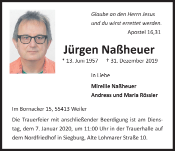 Anzeige von Jürgen Naßheuer von Kölner Stadt-Anzeiger / Kölnische Rundschau / Express