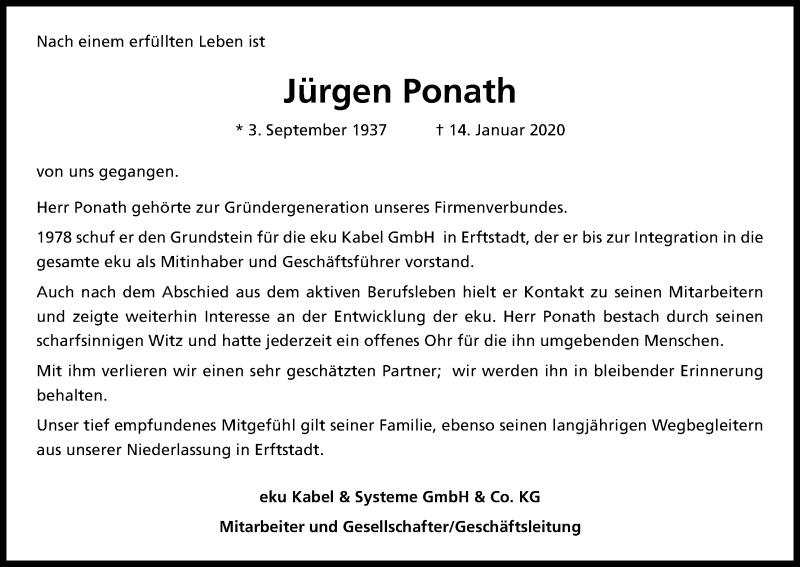  Traueranzeige für Jürgen Ponath vom 18.01.2020 aus Kölner Stadt-Anzeiger / Kölnische Rundschau / Express