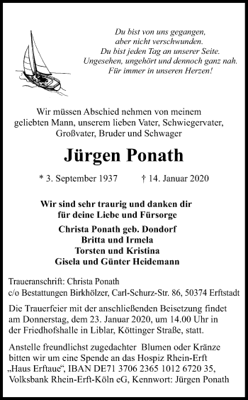 Anzeige von Jürgen Ponath von Kölner Stadt-Anzeiger / Kölnische Rundschau / Express